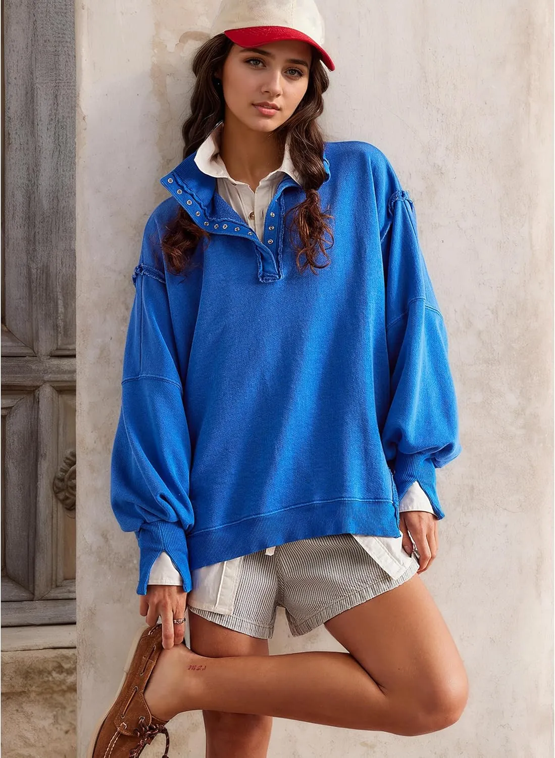 Women's Oversized V Neck Henley Pullover Sweatshirt Trendy Button Up High Low Split Casual Fall Top 2025