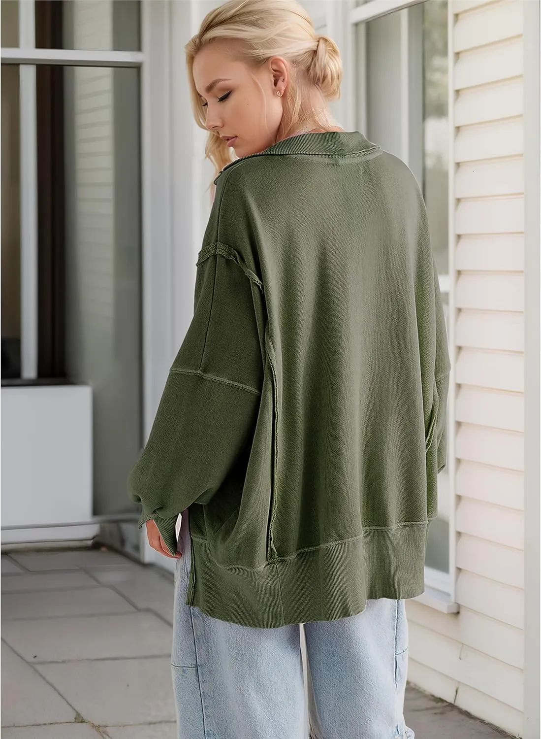 Women's Oversized V Neck Henley Pullover Sweatshirt Trendy Button Up High Low Split Casual Fall Top 2025