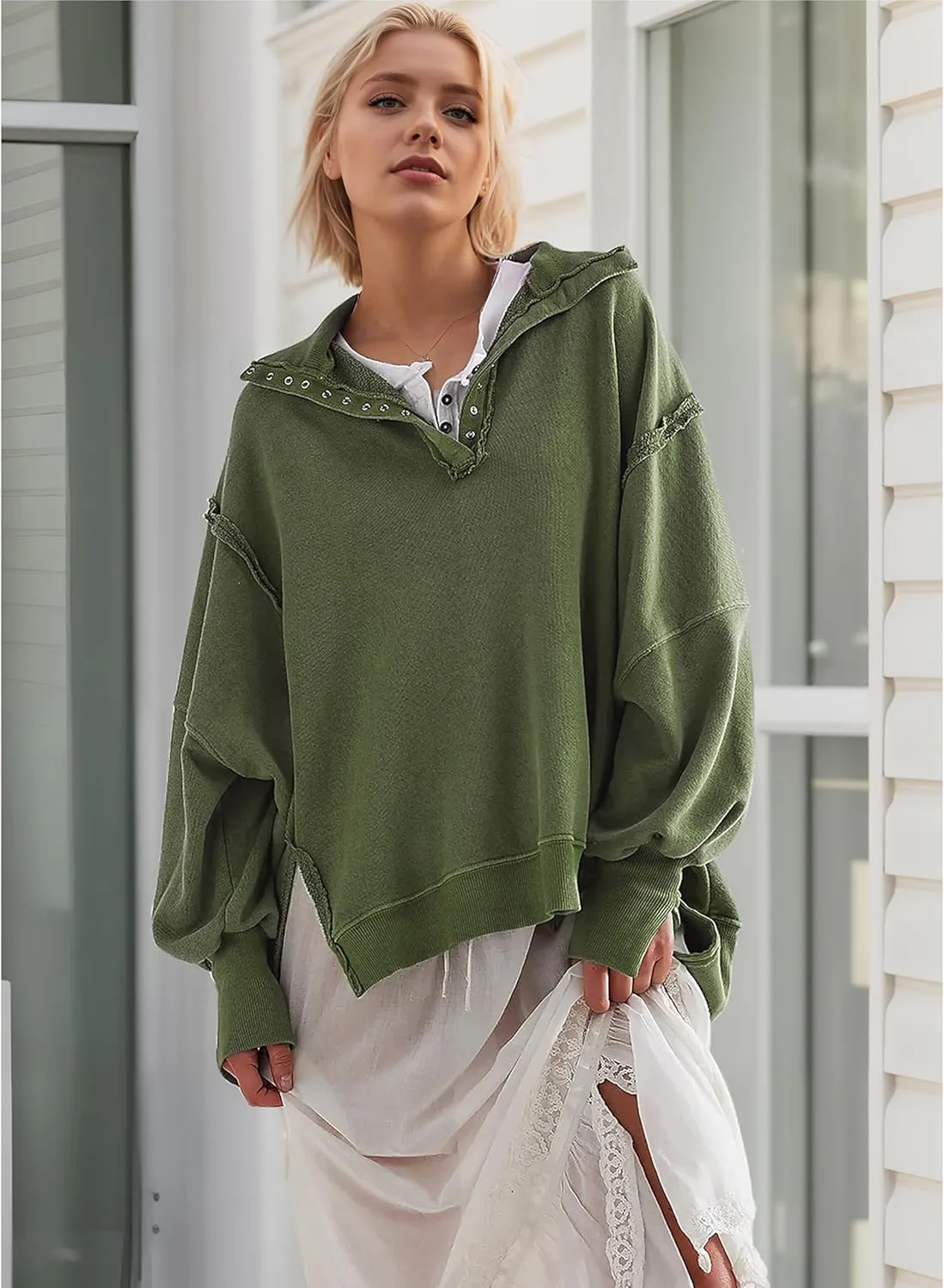 Women's Oversized V Neck Henley Pullover Sweatshirt Trendy Button Up High Low Split Casual Fall Top 2025