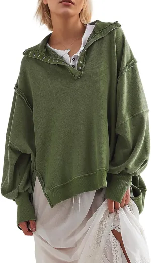 Women's Oversized V Neck Henley Pullover Sweatshirt Trendy Button Up High Low Split Casual Fall Top 2025