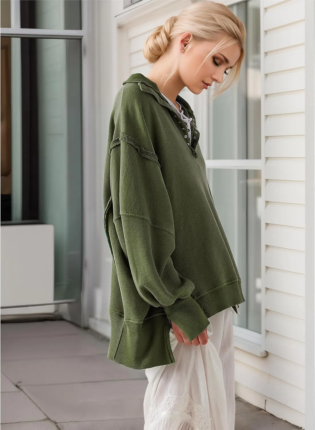 Women's Oversized V Neck Henley Pullover Sweatshirt Trendy Button Up High Low Split Casual Fall Top 2025