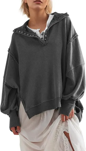 Women's Oversized V Neck Henley Pullover Sweatshirt Trendy Button Up High Low Split Casual Fall Top 2025