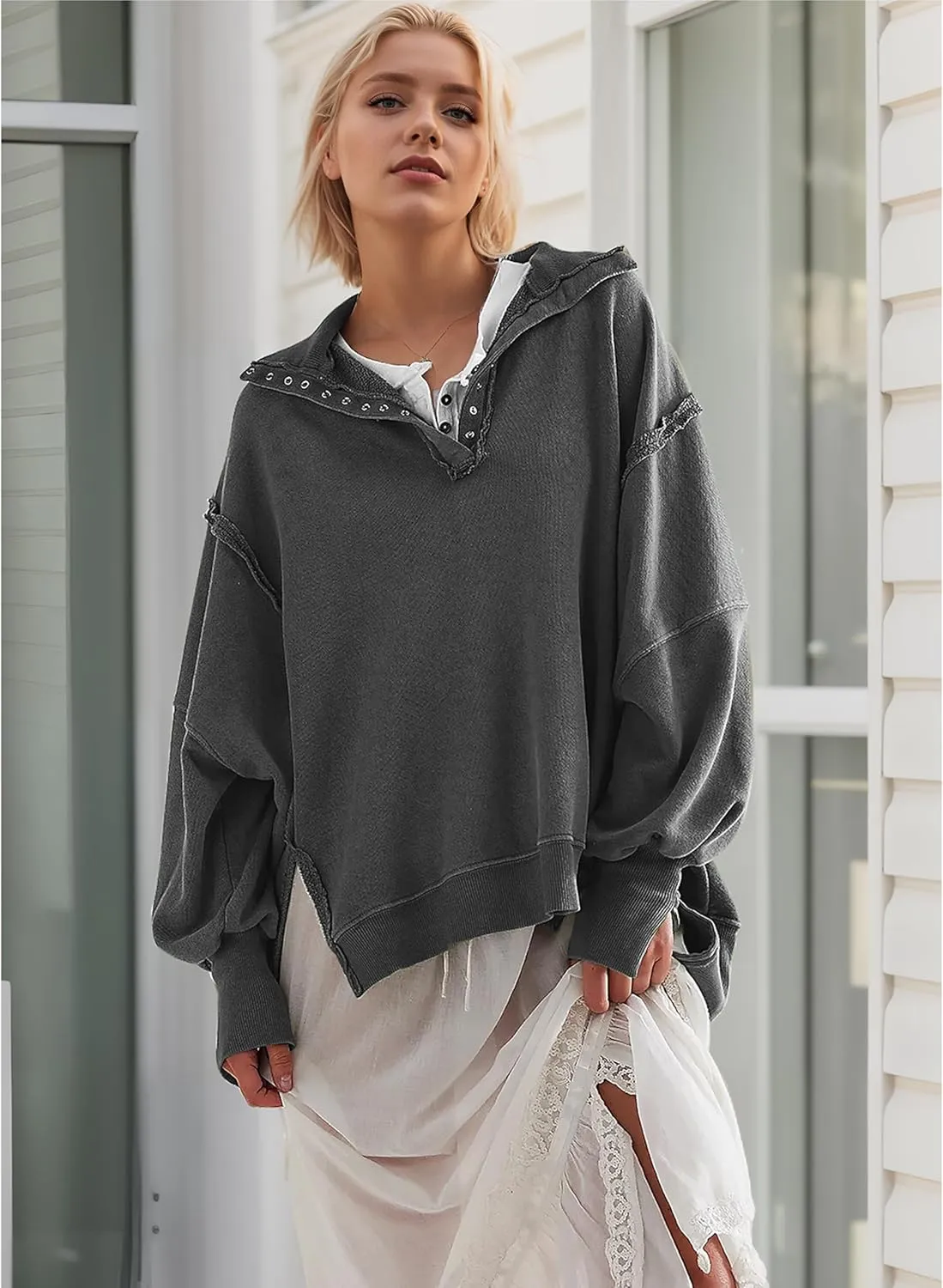 Women's Oversized V Neck Henley Pullover Sweatshirt Trendy Button Up High Low Split Casual Fall Top 2025