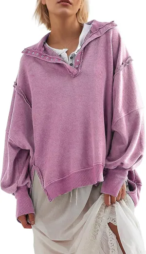 Women's Oversized V Neck Henley Pullover Sweatshirt Trendy Button Up High Low Split Casual Fall Top 2025