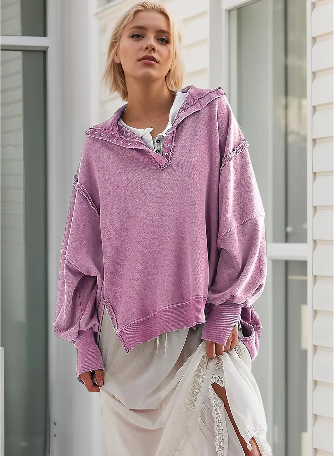 Women's Oversized V Neck Henley Pullover Sweatshirt Trendy Button Up High Low Split Casual Fall Top 2025