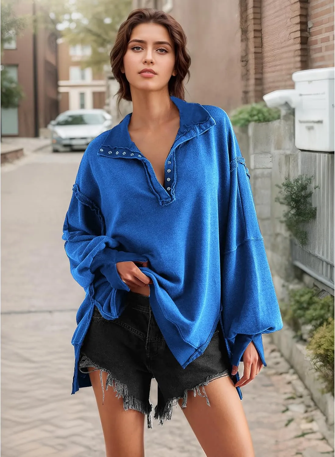 Women's Oversized V Neck Henley Pullover Sweatshirt Trendy Button Up High Low Split Casual Fall Top 2025