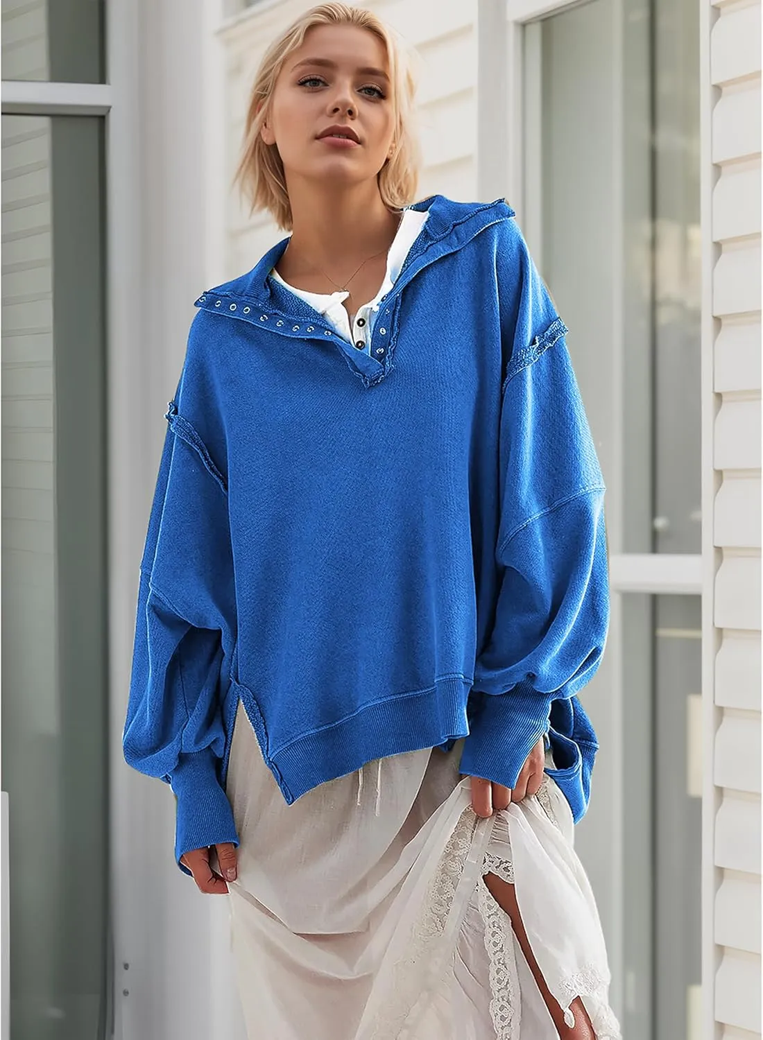 Women's Oversized V Neck Henley Pullover Sweatshirt Trendy Button Up High Low Split Casual Fall Top 2025