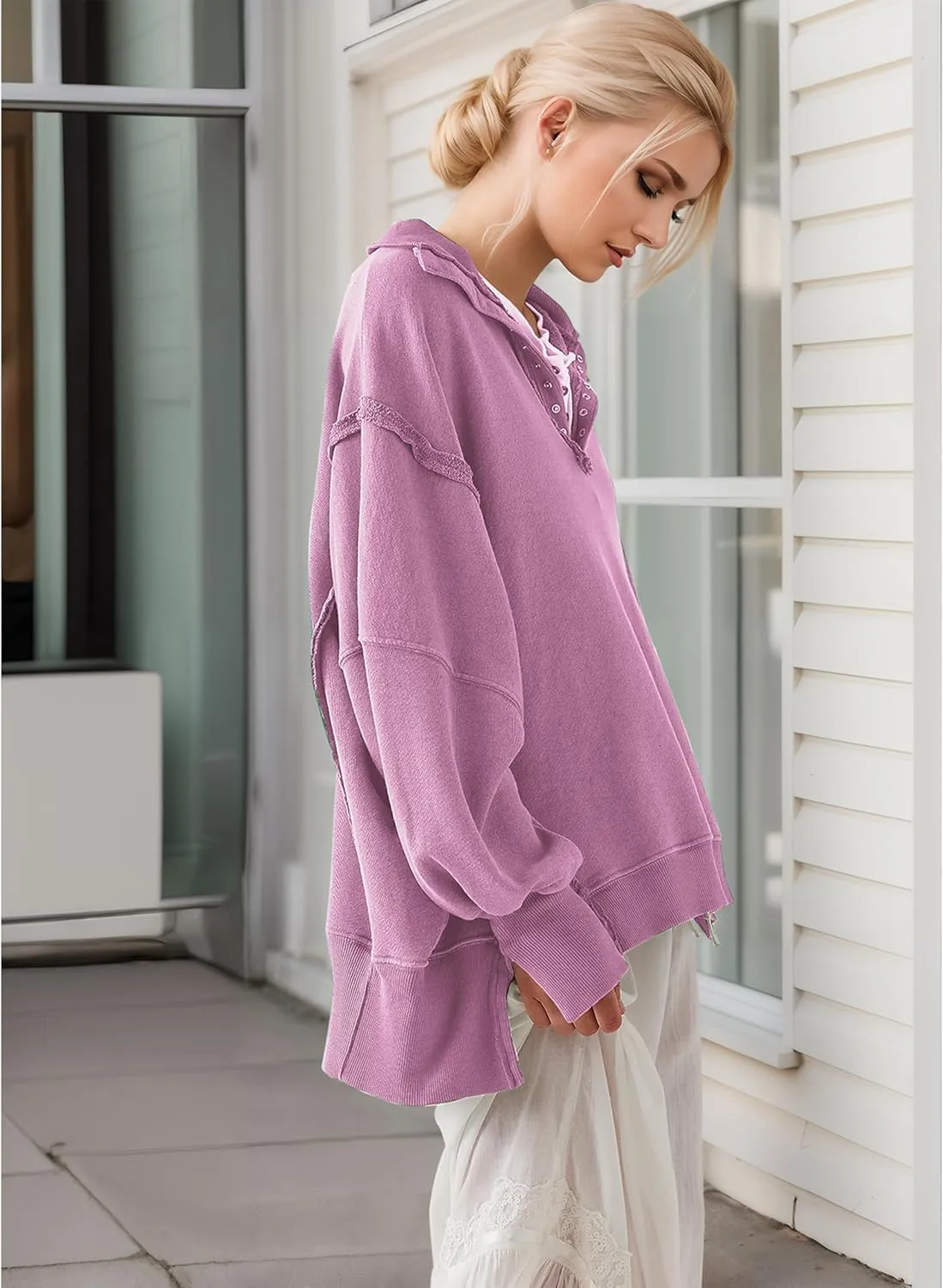 Women's Oversized V Neck Henley Pullover Sweatshirt Trendy Button Up High Low Split Casual Fall Top 2025