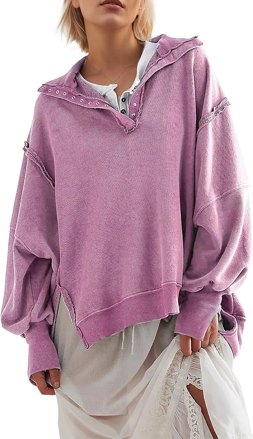 Women's Oversized V Neck Henley Pullover Sweatshirt Trendy Button Up High Low Split Casual Fall Top 2025