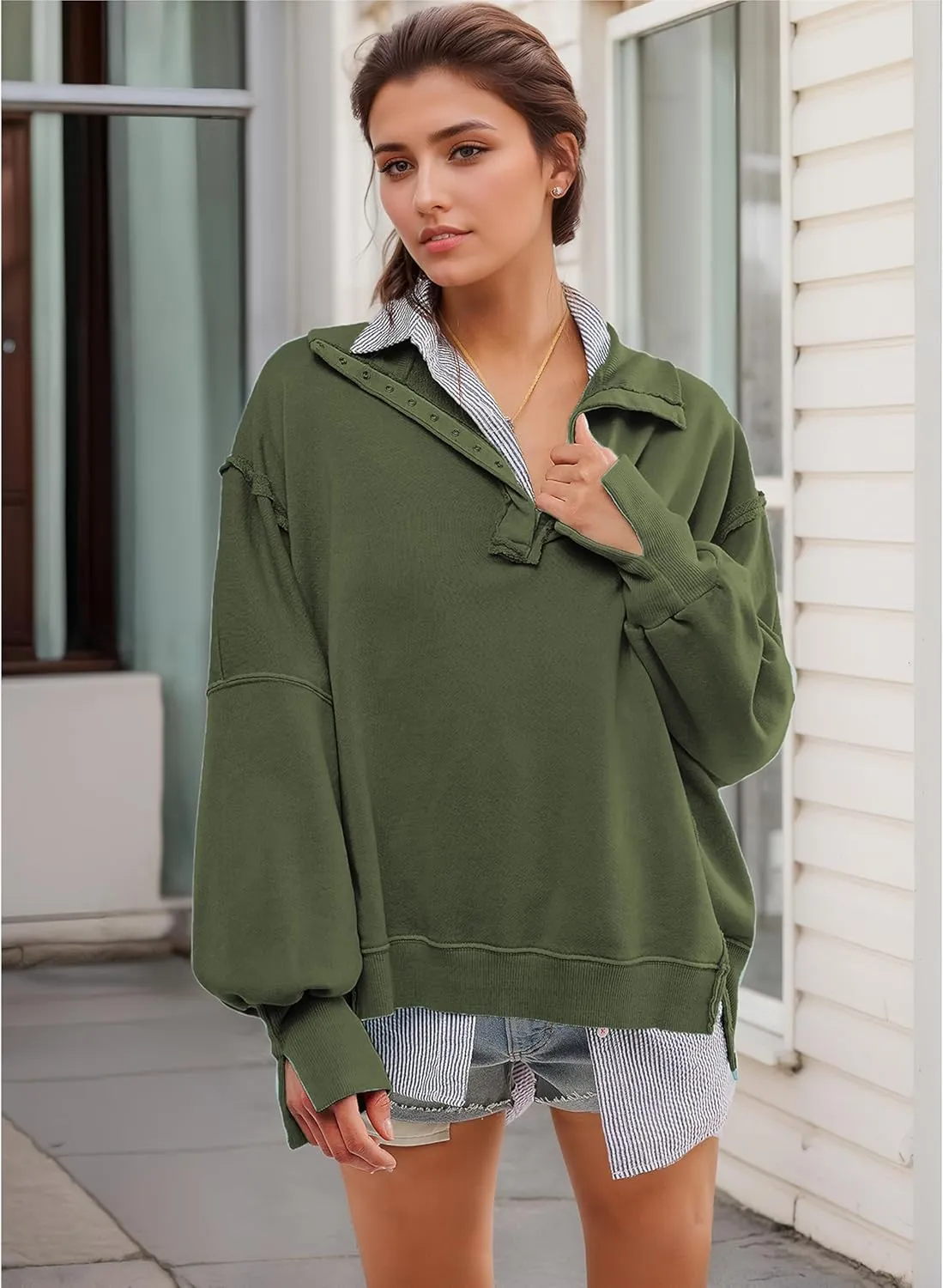 Women's Oversized V Neck Henley Pullover Sweatshirt Trendy Button Up High Low Split Casual Fall Top 2025