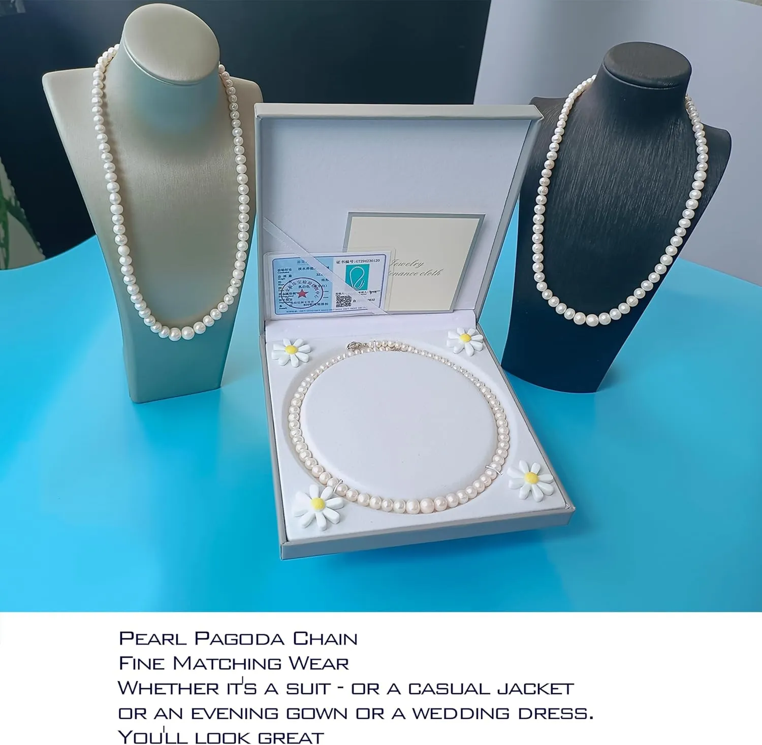 Women's Pearl Necklace Set AAAA Ivory Cultured Pearls | Pagoda Chain 18 inch - 19 inch Necklace and Pearl Earrings - 925 Sterling Silver Clasp