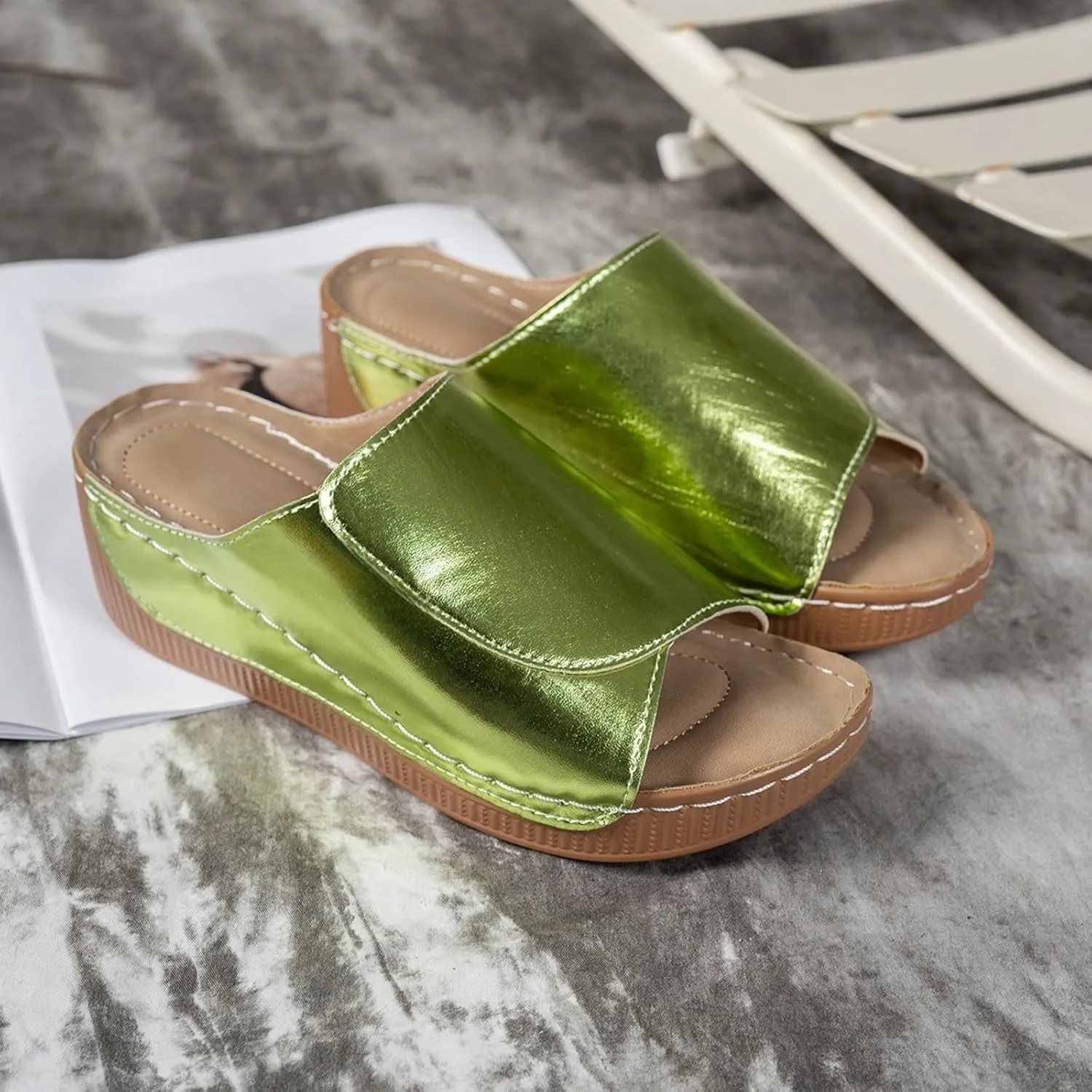 Women's Platform & Wedge Sandals Arch Support Orthopedic Sandals Slippers Summer Leather Slip on Platform Sandal Open Toe Wide Width Comfortable Slides Walking Slippers Shoes