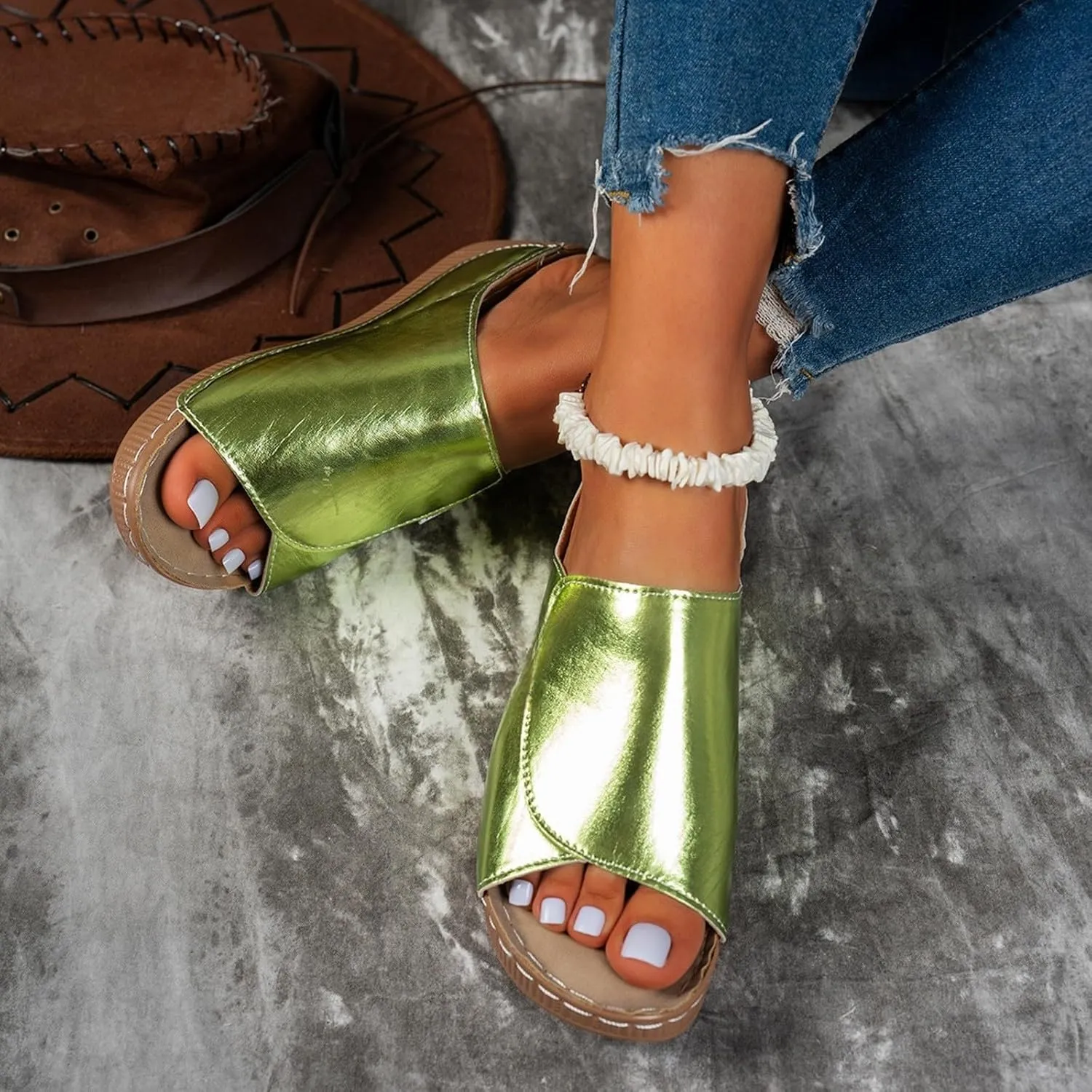Women's Platform & Wedge Sandals Arch Support Orthopedic Sandals Slippers Summer Leather Slip on Platform Sandal Open Toe Wide Width Comfortable Slides Walking Slippers Shoes