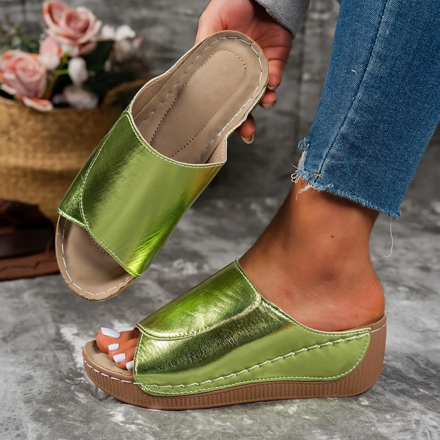 Women's Platform & Wedge Sandals Arch Support Orthopedic Sandals Slippers Summer Leather Slip on Platform Sandal Open Toe Wide Width Comfortable Slides Walking Slippers Shoes