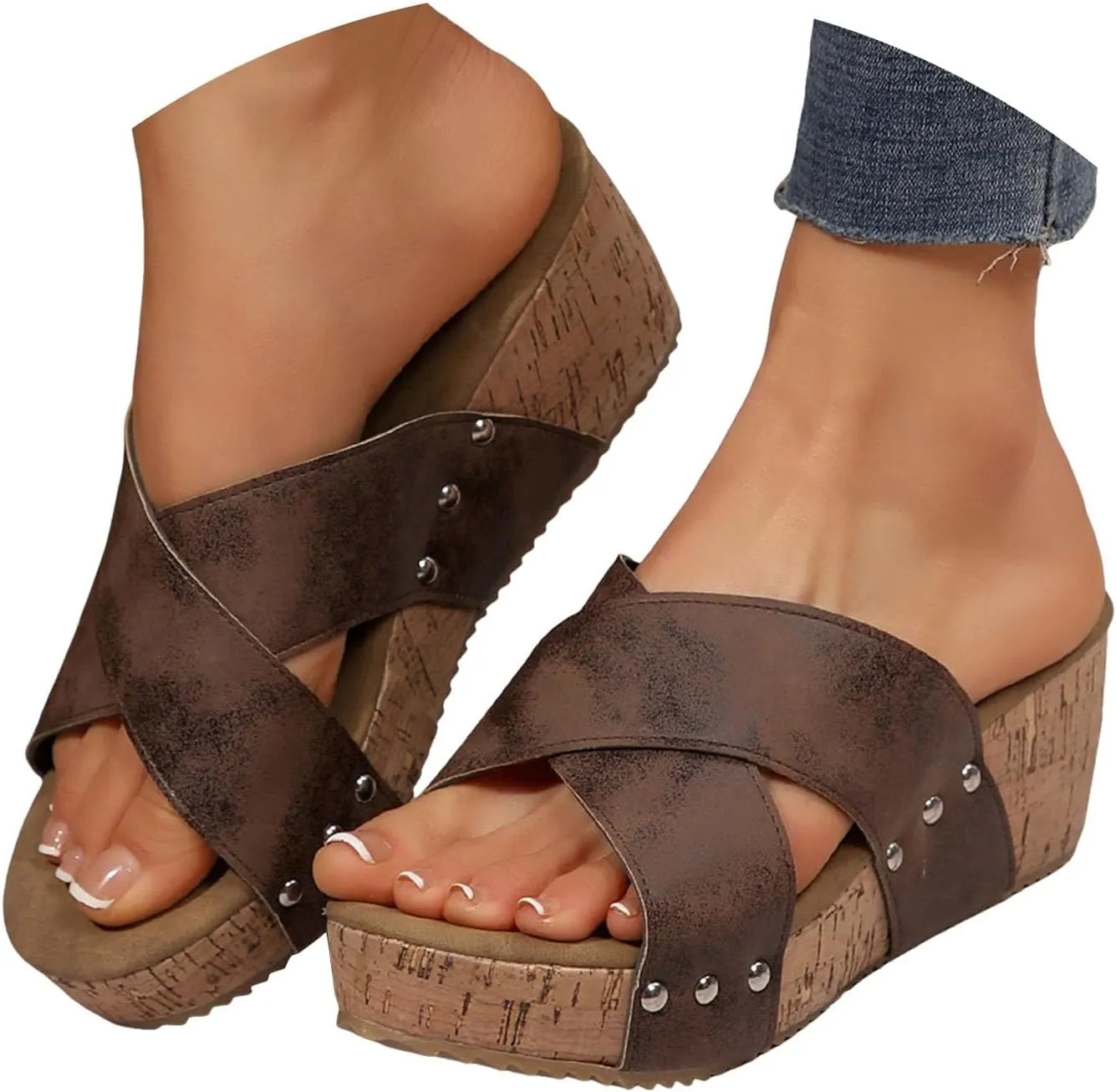 Women's Platform & Wedge Sandals,Wedge Sandals For Women Wedges Heels Comfortable Open Toe Cork Thick Sole Comfy Orthopedic Leather Sandal Slip-on Summer Casual Ladies Shoes for Daily Wear