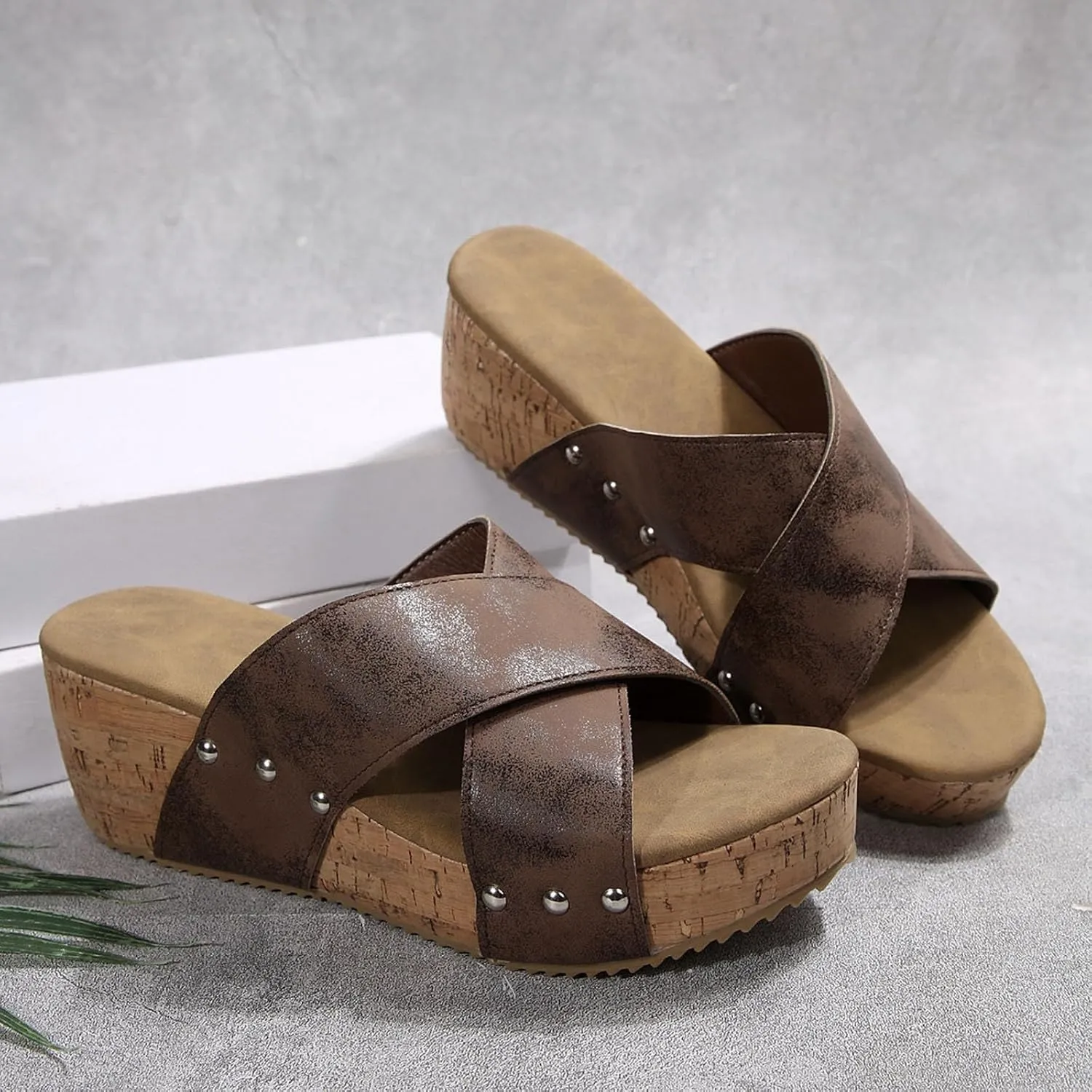 Women's Platform & Wedge Sandals,Wedge Sandals For Women Wedges Heels Comfortable Open Toe Cork Thick Sole Comfy Orthopedic Leather Sandal Slip-on Summer Casual Ladies Shoes for Daily Wear