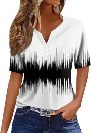 Womens Polo Shirts Short Sleeve Oversized V-Neck Pullover Printed Casual Shirt Top Loose Trendy Button Down T Shirt