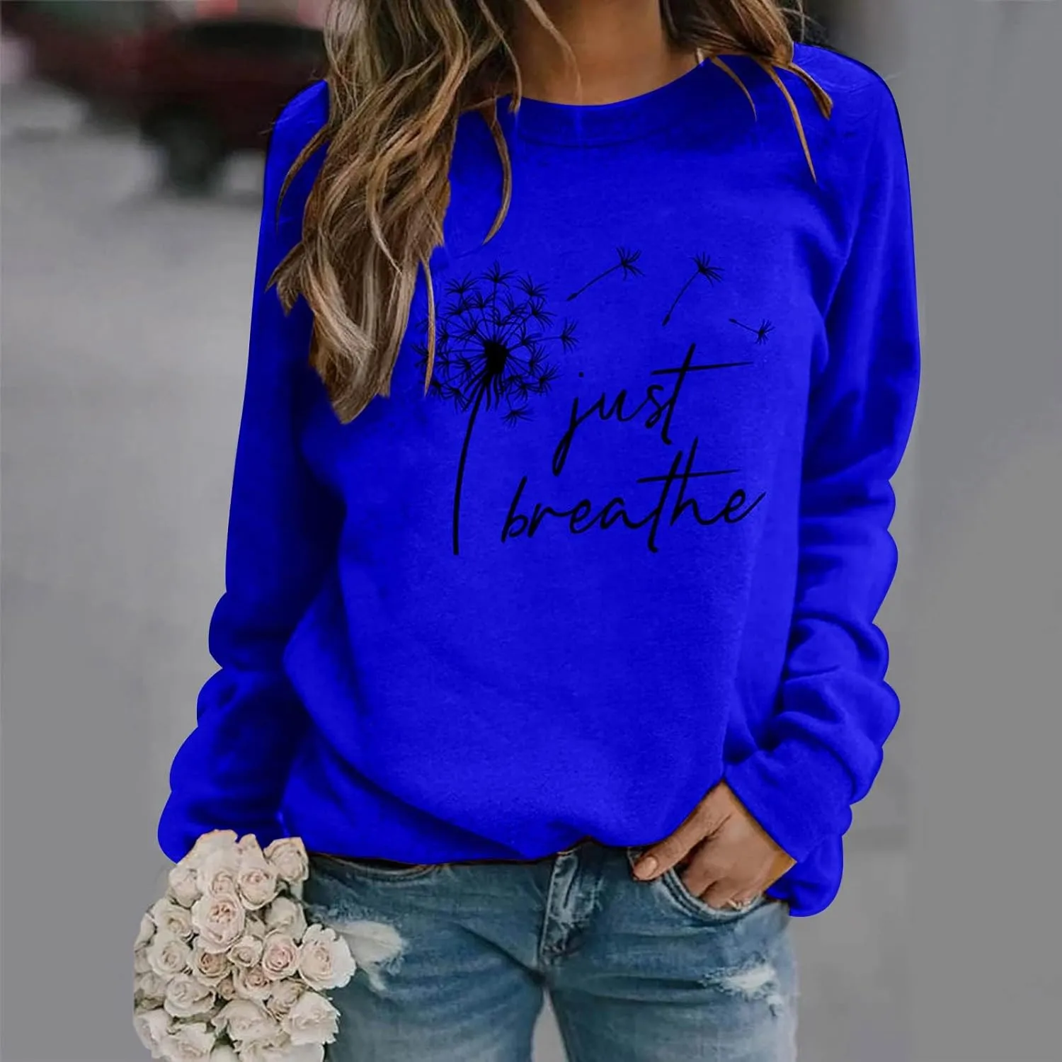 Womens Round Neck Sweatshirts Just Breathe Letter Print Dandelion Graphic Pullover Long Sleeve Casual Sweatshirt Tops