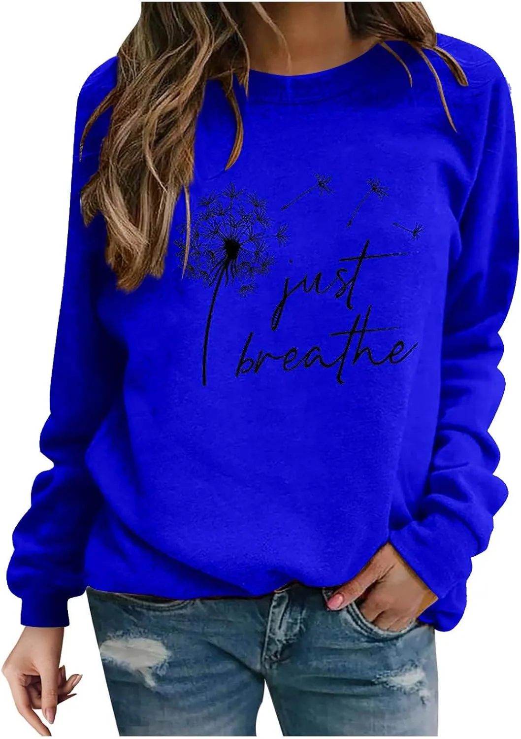 Womens Round Neck Sweatshirts Just Breathe Letter Print Dandelion Graphic Pullover Long Sleeve Casual Sweatshirt Tops