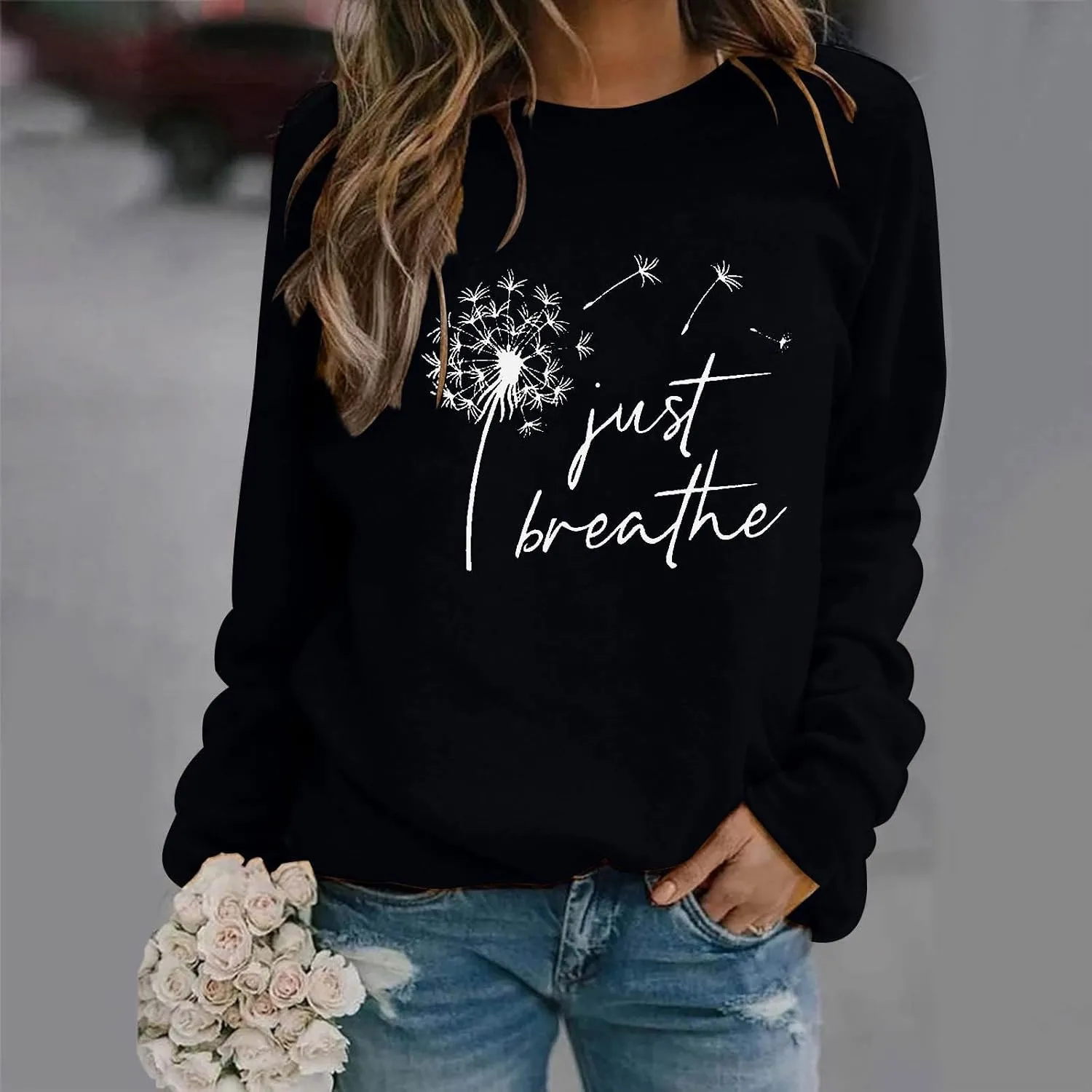 Womens Round Neck Sweatshirts Just Breathe Letter Print Dandelion Graphic Pullover Long Sleeve Casual Sweatshirt Tops
