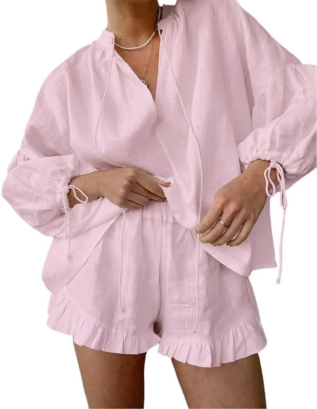 Womens Ruffle Pajama Sets Long Sleeve Tie Front Tops and Ruffled Boxer Shorts Linen Shorts Sets Matching Lounge Sets