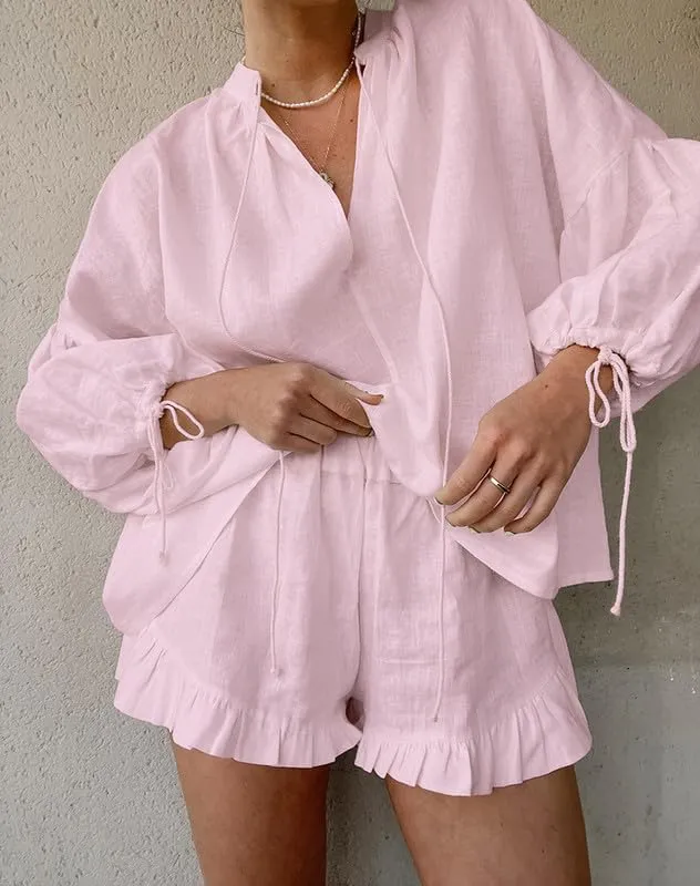 Womens Ruffle Pajama Sets Long Sleeve Tie Front Tops and Ruffled Boxer Shorts Linen Shorts Sets Matching Lounge Sets