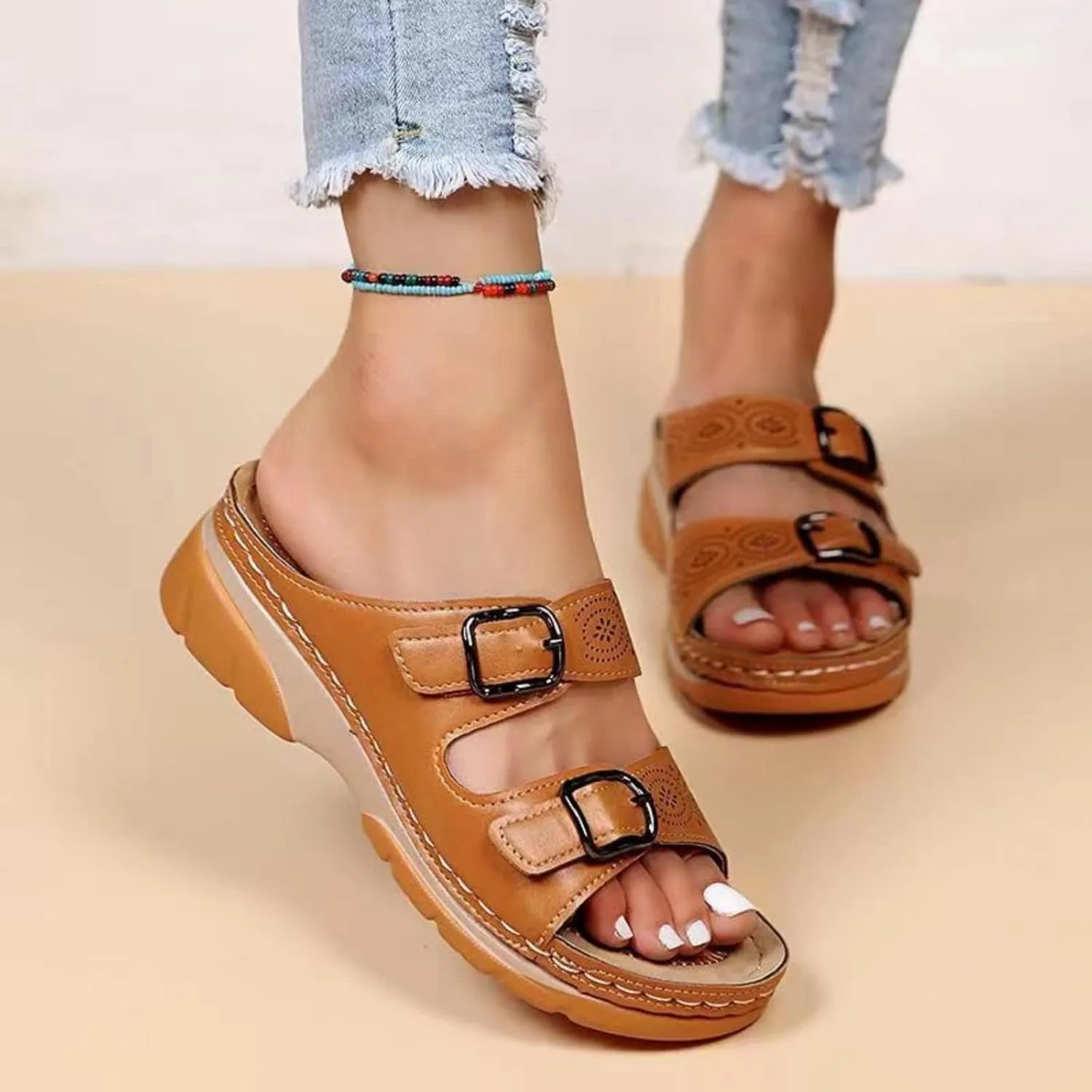 Womens Sandals Dressy Summer Comfortable Slides with Arch Support Casual Non Slip Platform Lightweight Wedge Shoes Open Toe Walking Beach Slippers Breathable Adjustable Orthopedic Diabetic Sandals