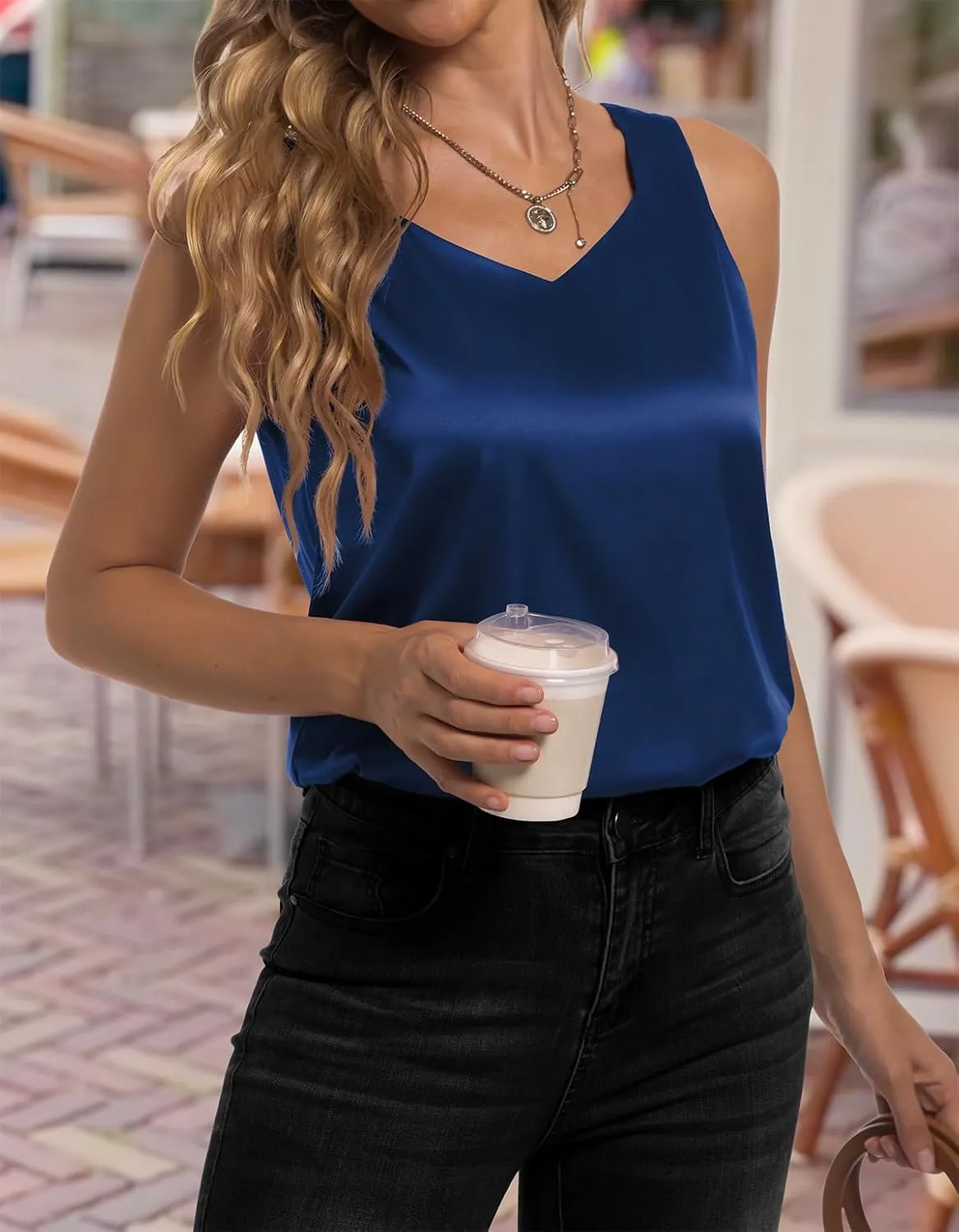 Women's Silk Satin Tank Tops V Neck Camisole Casual Cami Sleeveless Shirt Blouses Silky Basic Tanks