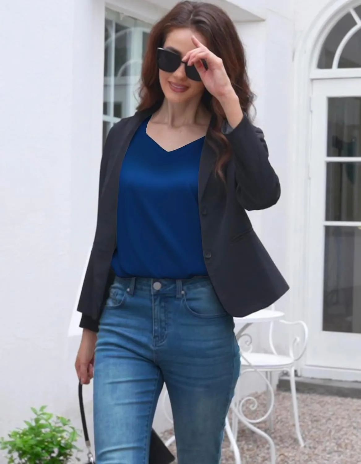 Women's Silk Satin Tank Tops V Neck Camisole Casual Cami Sleeveless Shirt Blouses Silky Basic Tanks