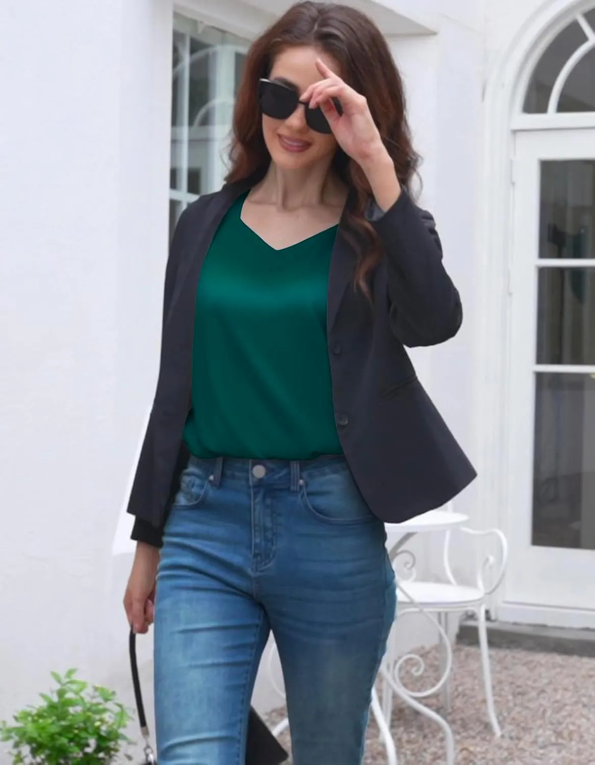 Women's Silk Satin Tank Tops V Neck Camisole Casual Cami Sleeveless Shirt Blouses Silky Basic Tanks