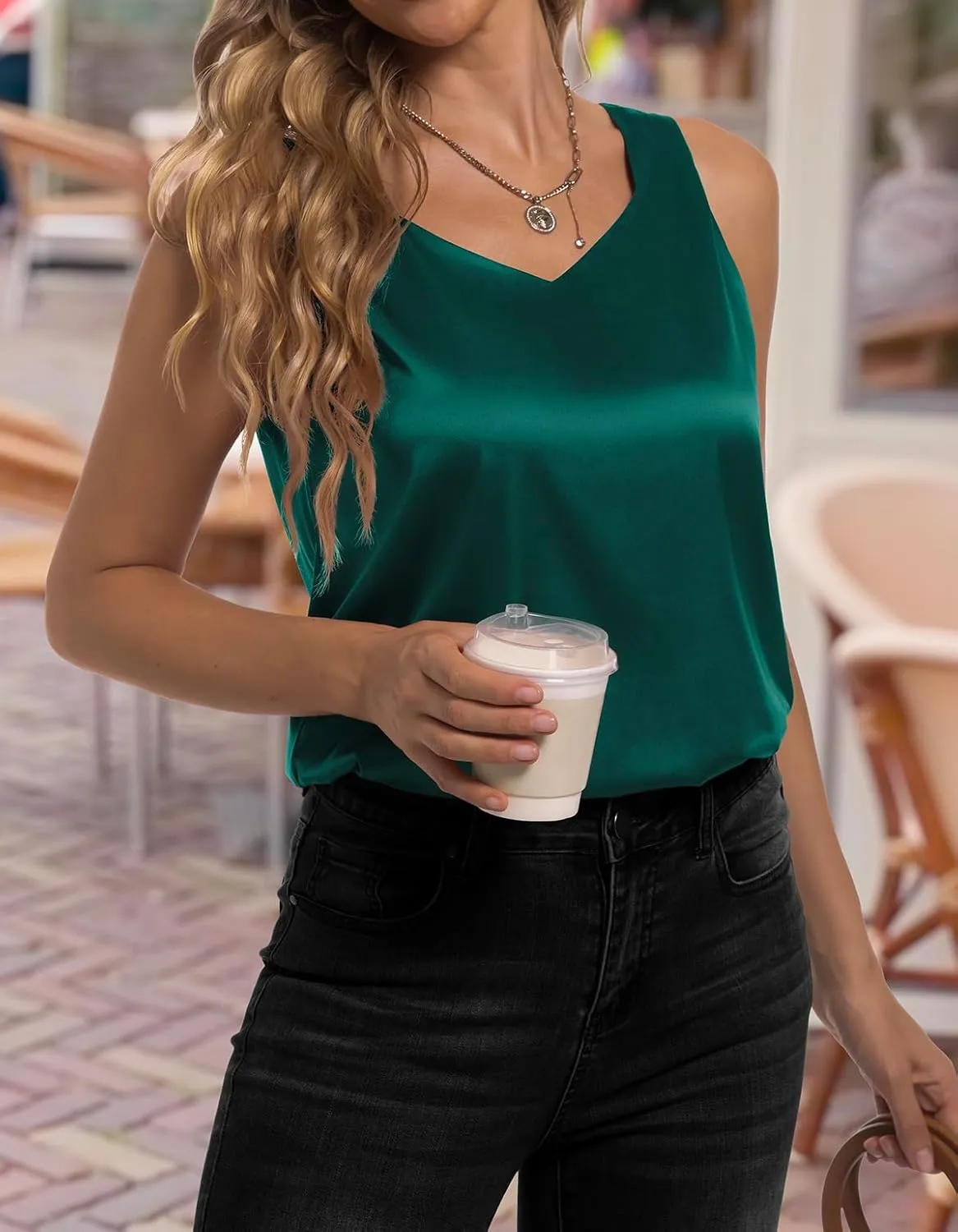 Women's Silk Satin Tank Tops V Neck Camisole Casual Cami Sleeveless Shirt Blouses Silky Basic Tanks