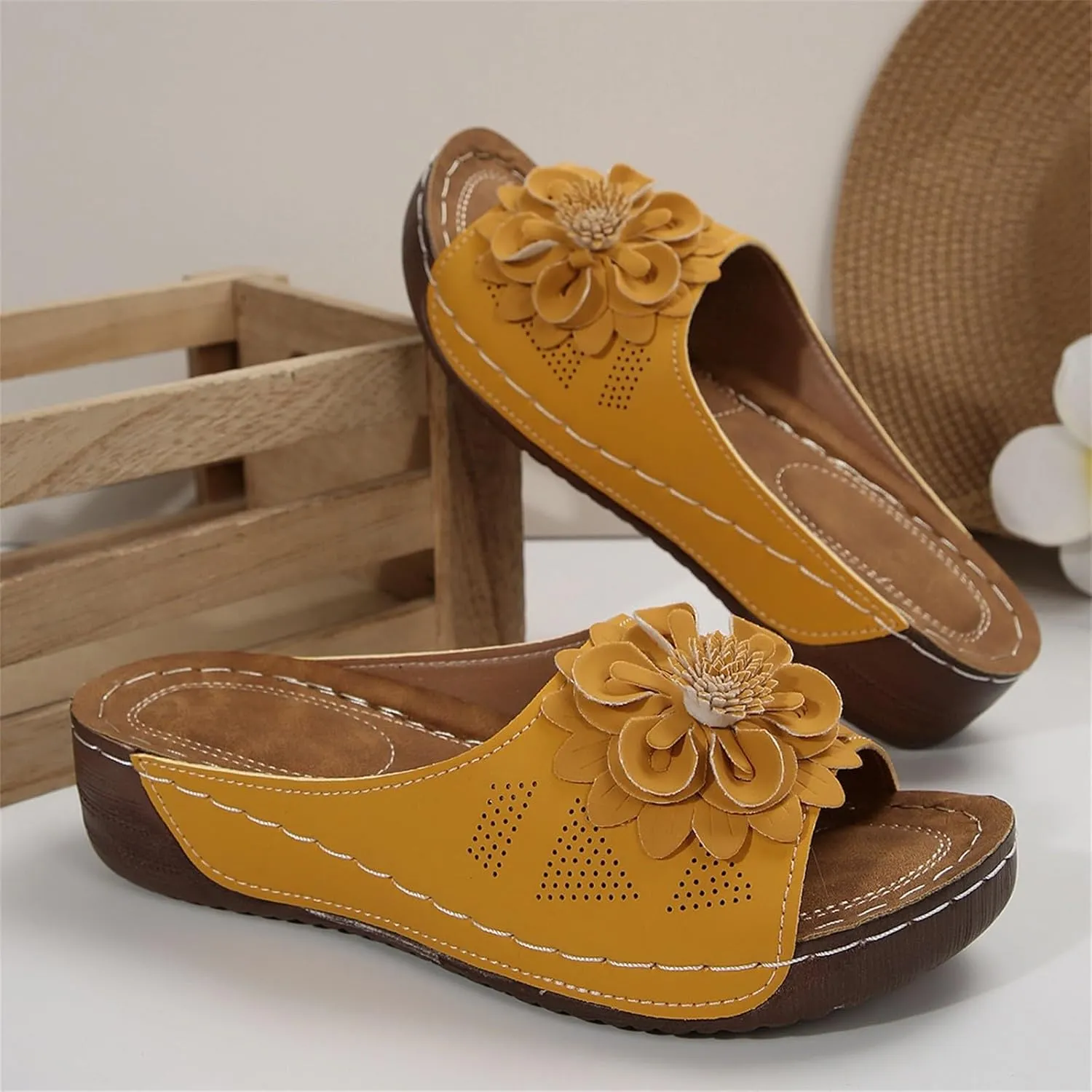 Womens Slip On Wedge Sandals Dressy Casual Sandals with Arch Support Beach Boho Open Toe Hollow Out Low Heel Slides