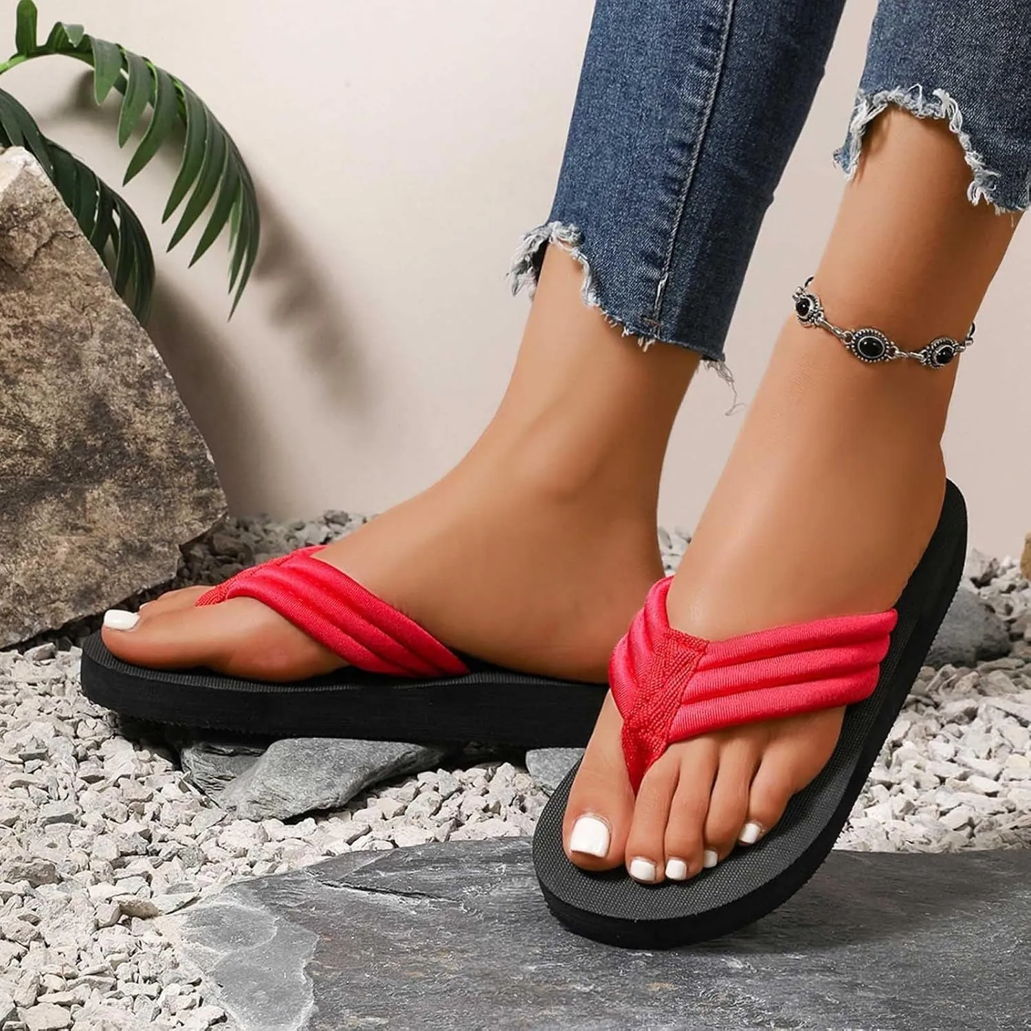 Womens Slippers Fashion Summer Flip Flops Casual Rhinestone Bow Sandals Soft Sole Dressy Sandals