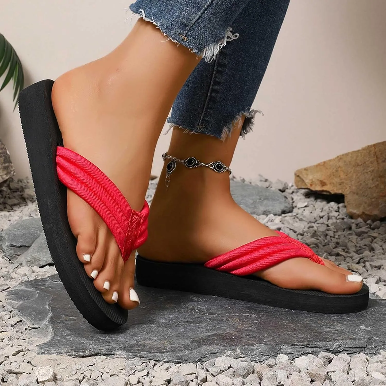 Womens Slippers Fashion Summer Flip Flops Casual Rhinestone Bow Sandals Soft Sole Dressy Sandals