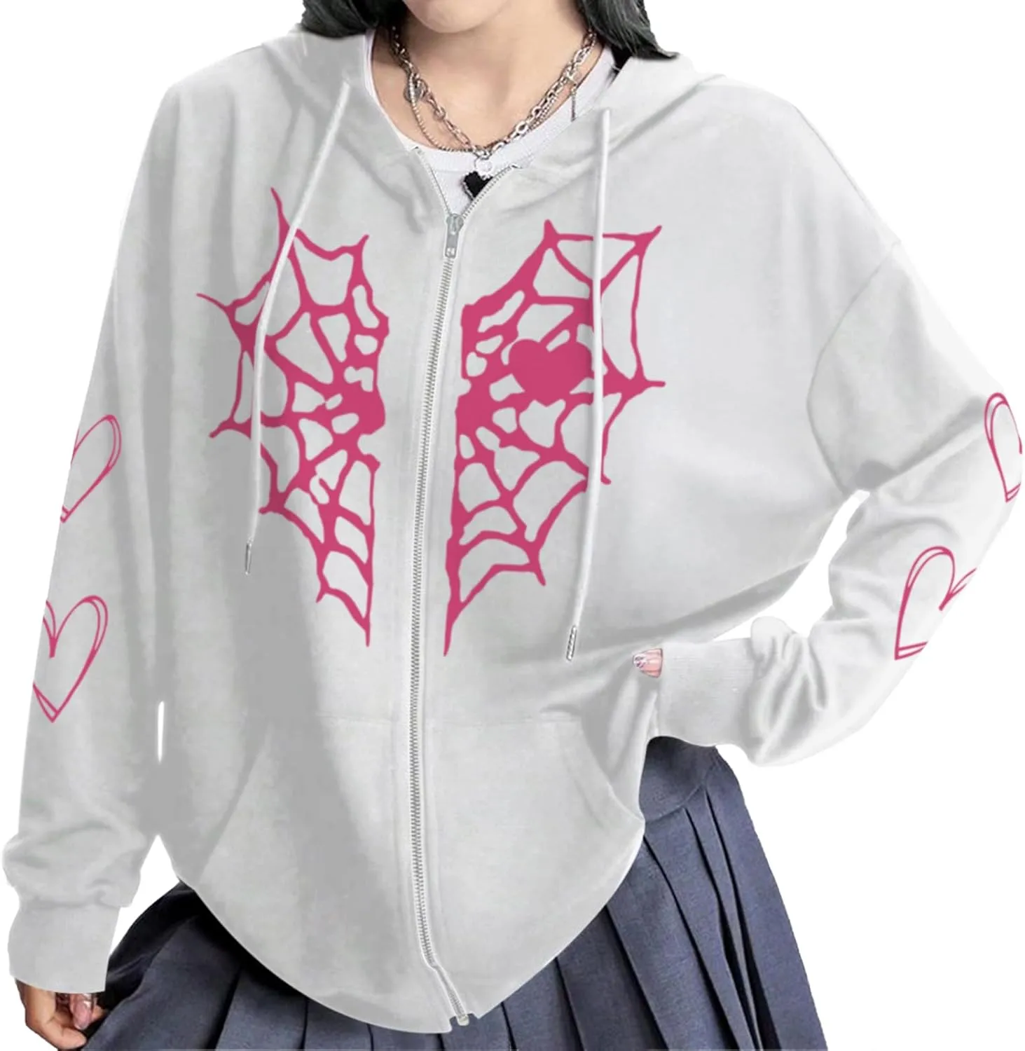 Womens Spider Web Graphic Zip Up Hoodie Oversized Goth Harajuku Jacket Y2k Grunge Aesthetic Streetwear Sweatshirt