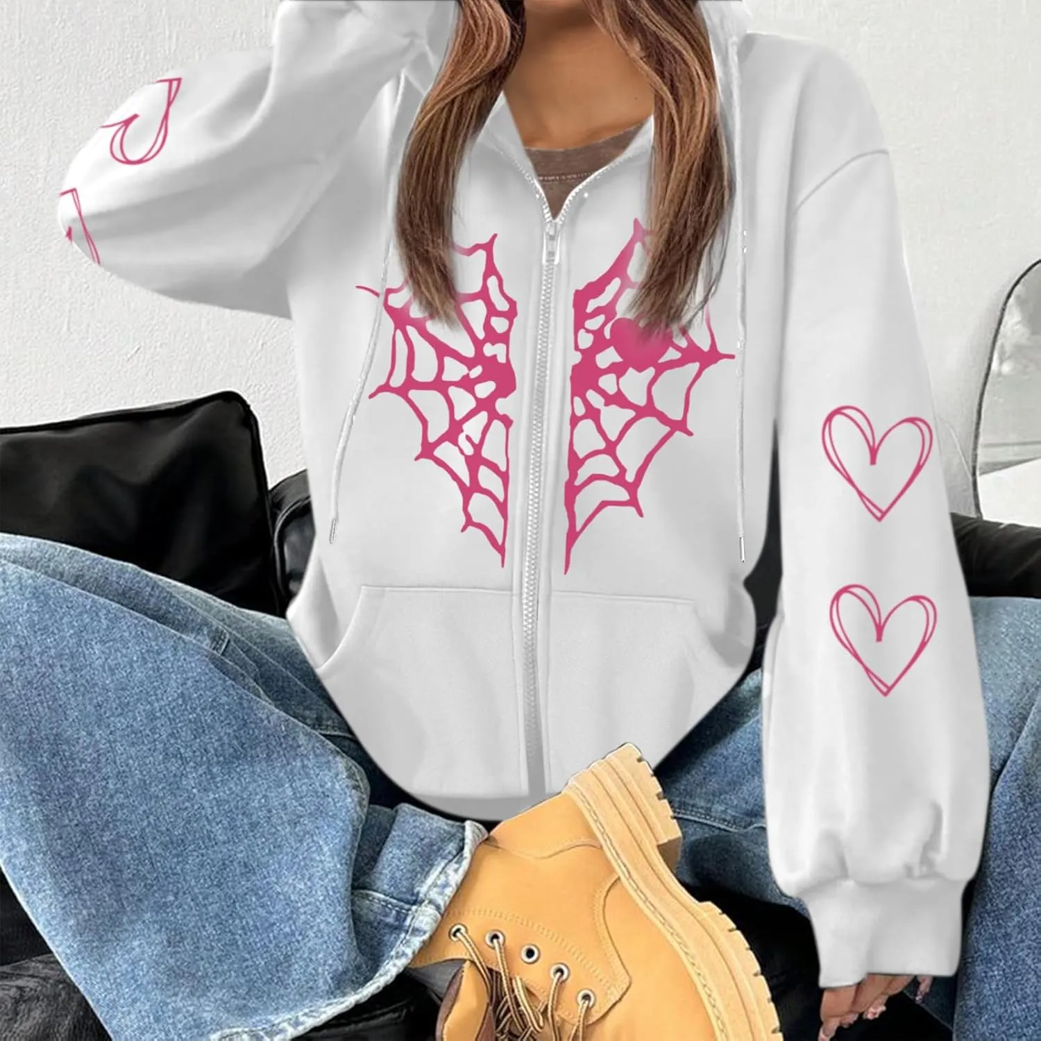Womens Spider Web Graphic Zip Up Hoodie Oversized Goth Harajuku Jacket Y2k Grunge Aesthetic Streetwear Sweatshirt