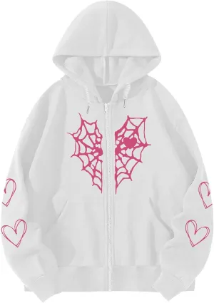 Womens Spider Web Graphic Zip Up Hoodie Oversized Goth Harajuku Jacket Y2k Grunge Aesthetic Streetwear Sweatshirt