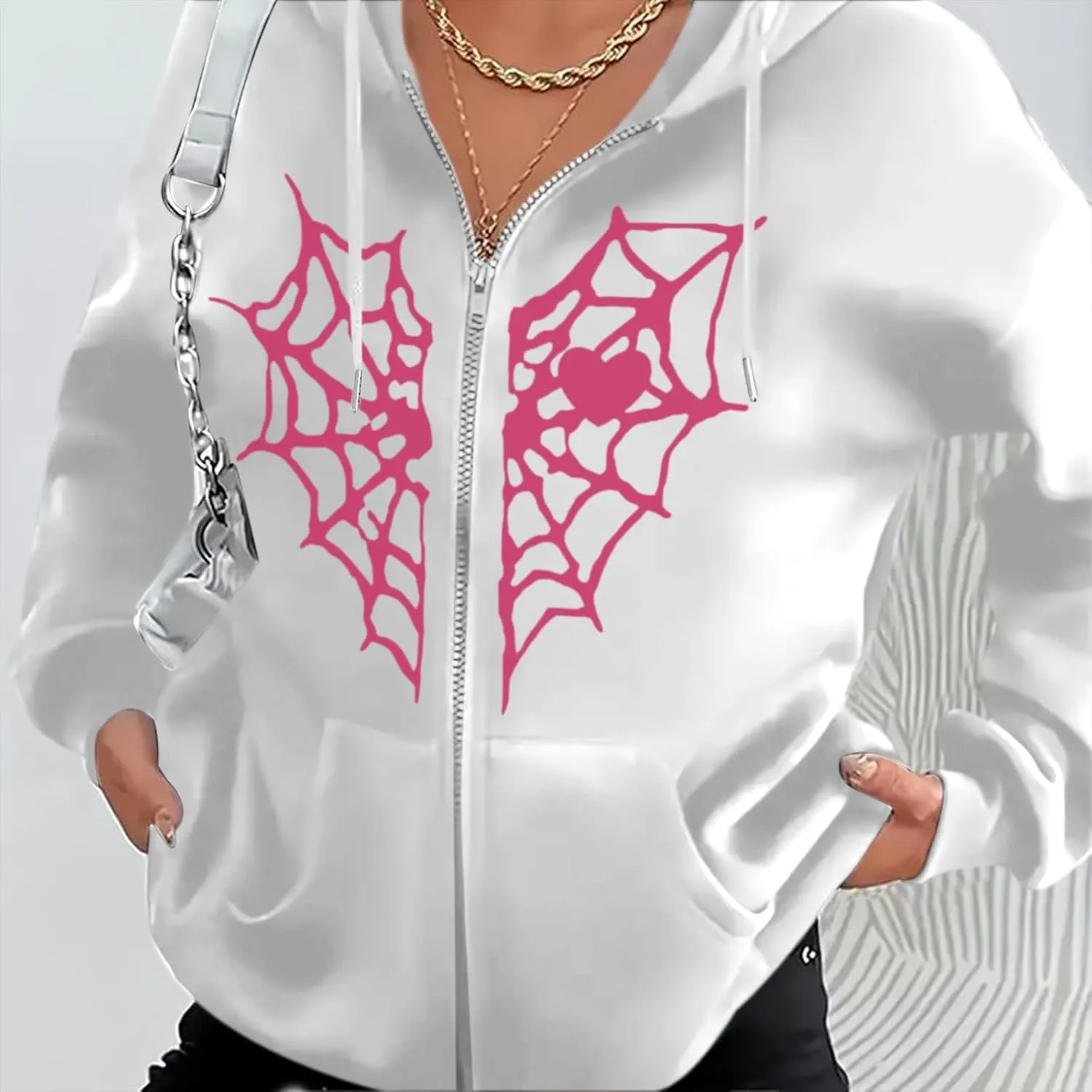 Womens Spider Web Graphic Zip Up Hoodie Oversized Goth Harajuku Jacket Y2k Grunge Aesthetic Streetwear Sweatshirt