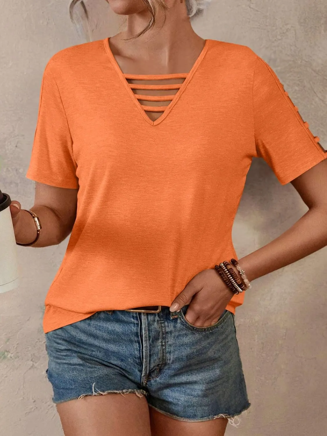 Women's Spring V Neck T-Shirt Loose Fit Hollow Out Short Sleeve Casual Summer Basic Tops for 2025 Beach Vacation