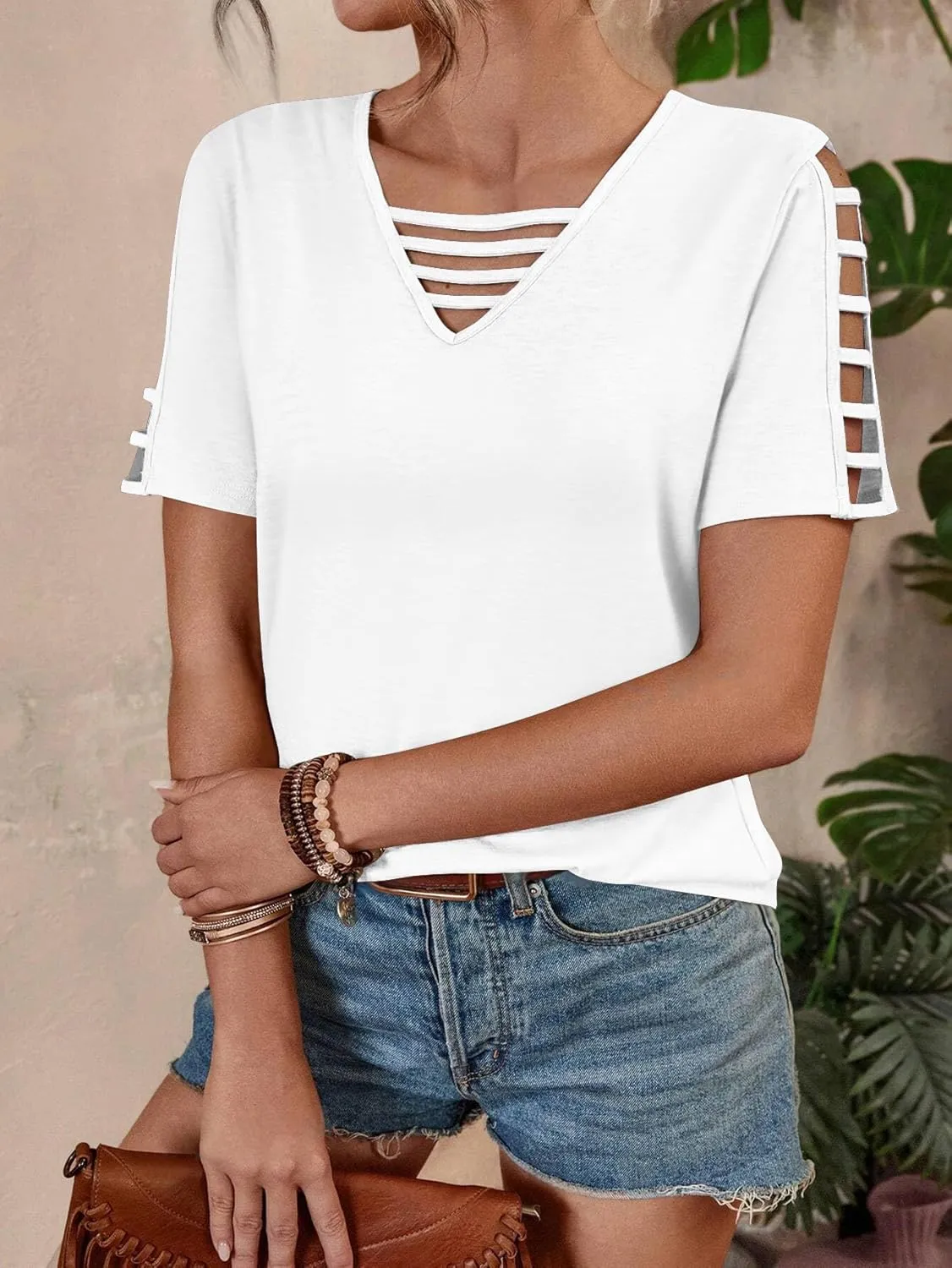 Women's Spring V Neck T-Shirt Loose Fit Hollow Out Short Sleeve Casual Summer Basic Tops for 2025 Beach Vacation