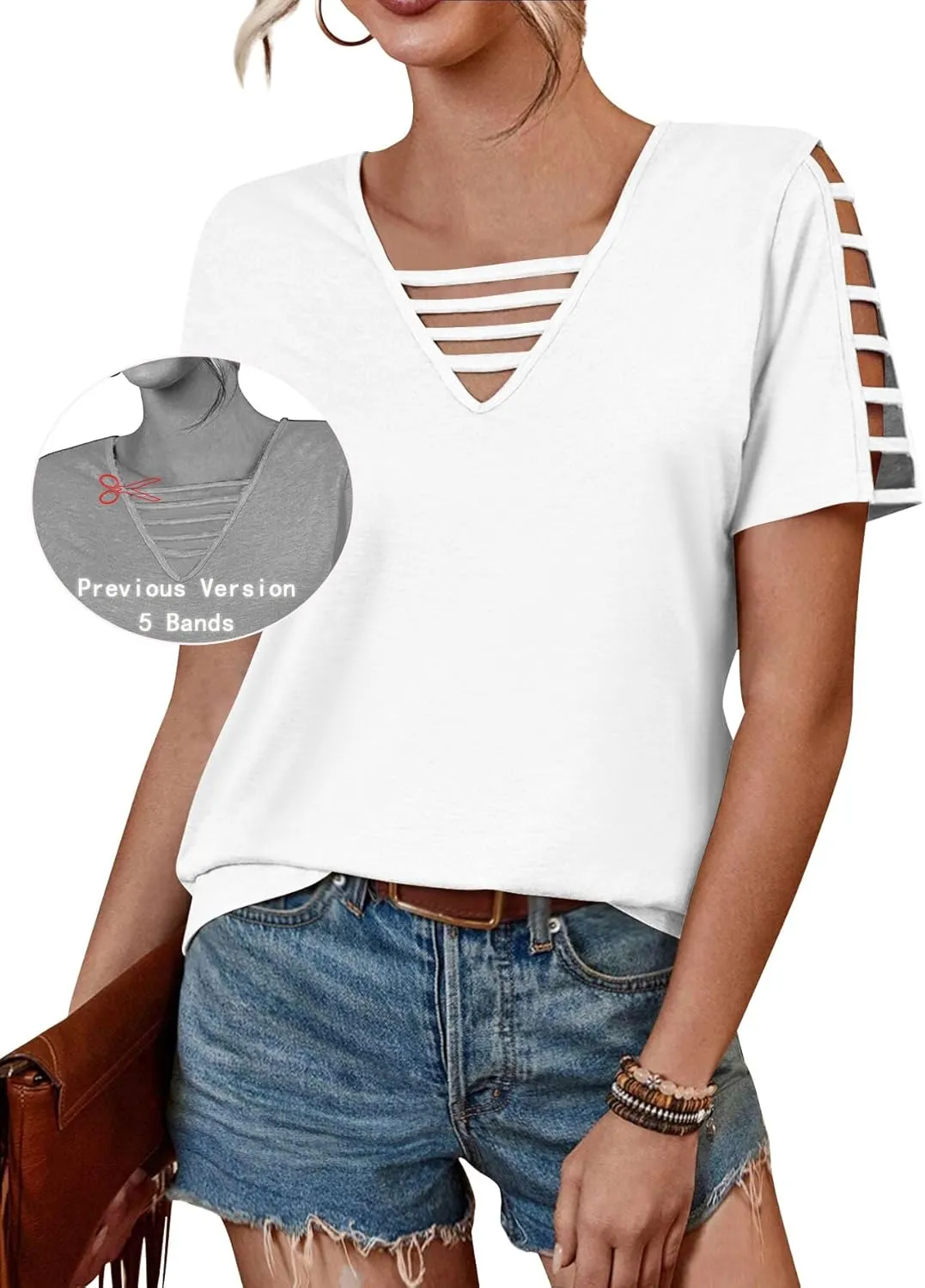 Women's Spring V Neck T-Shirt Loose Fit Hollow Out Short Sleeve Casual Summer Basic Tops for 2025 Beach Vacation