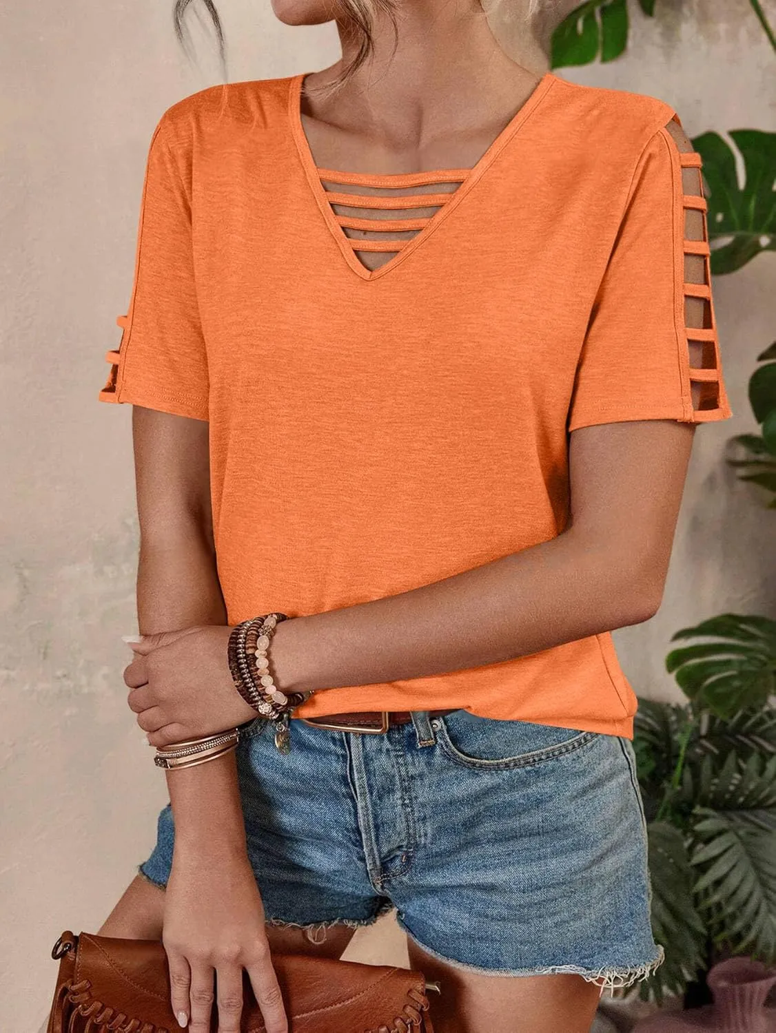 Women's Spring V Neck T-Shirt Loose Fit Hollow Out Short Sleeve Casual Summer Basic Tops for 2025 Beach Vacation