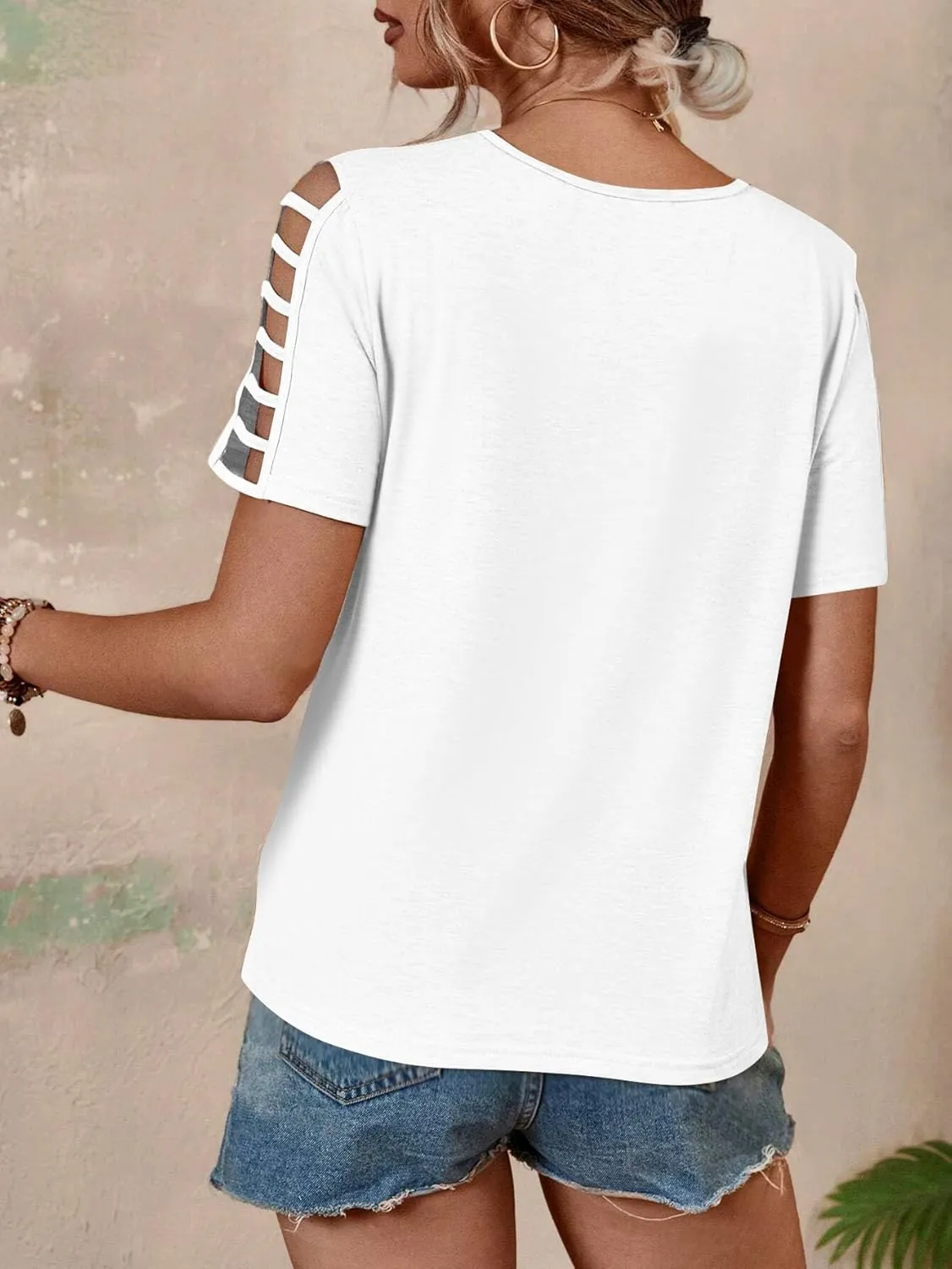 Women's Spring V Neck T-Shirt Loose Fit Hollow Out Short Sleeve Casual Summer Basic Tops for 2025 Beach Vacation