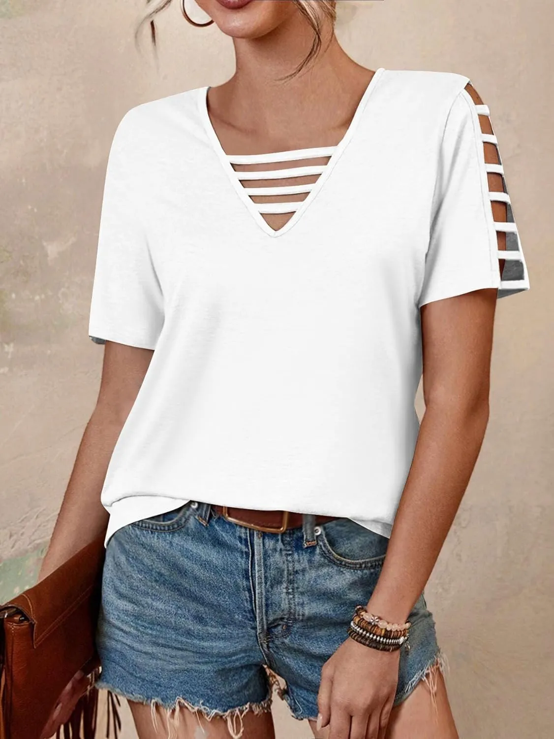 Women's Spring V Neck T-Shirt Loose Fit Hollow Out Short Sleeve Casual Summer Basic Tops for 2025 Beach Vacation