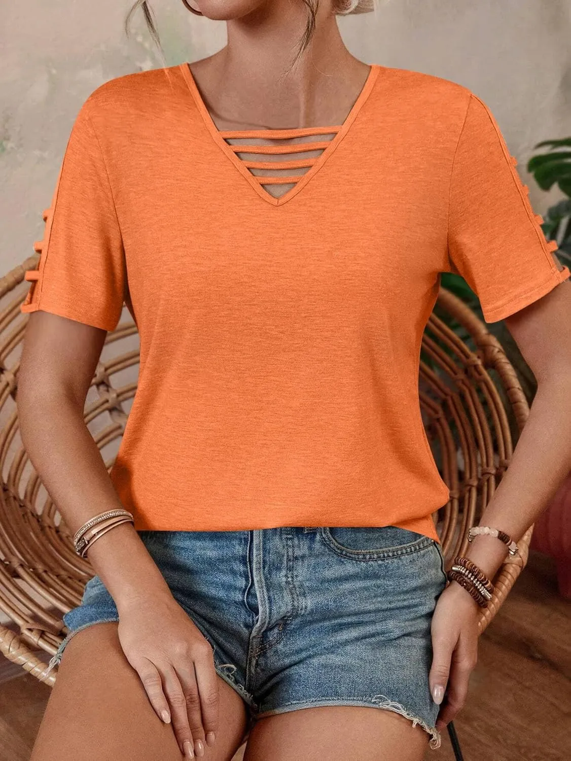 Women's Spring V Neck T-Shirt Loose Fit Hollow Out Short Sleeve Casual Summer Basic Tops for 2025 Beach Vacation