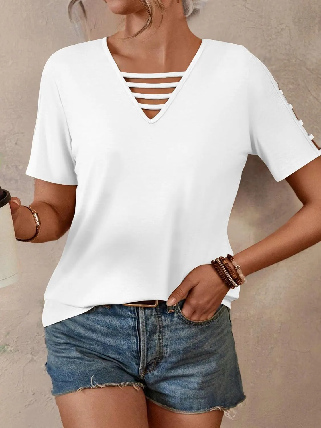 Women's Spring V Neck T-Shirt Loose Fit Hollow Out Short Sleeve Casual Summer Basic Tops for 2025 Beach Vacation