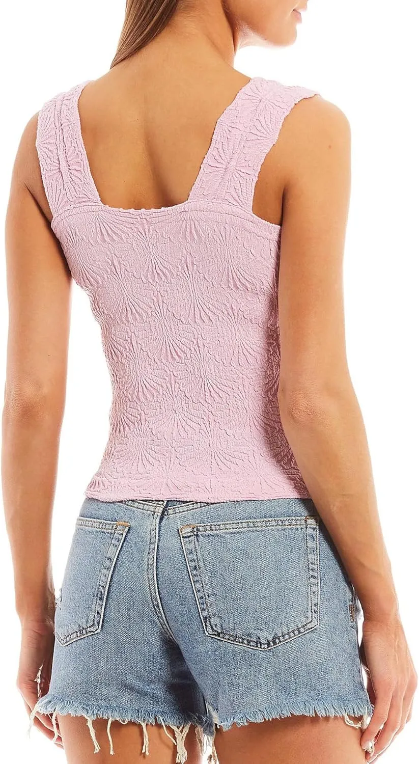 Women's Square Neck Wide Strap Crop Tank Tops Flower Going Out Tops Slim Fit Lettuce Trim Crop Cami Tops