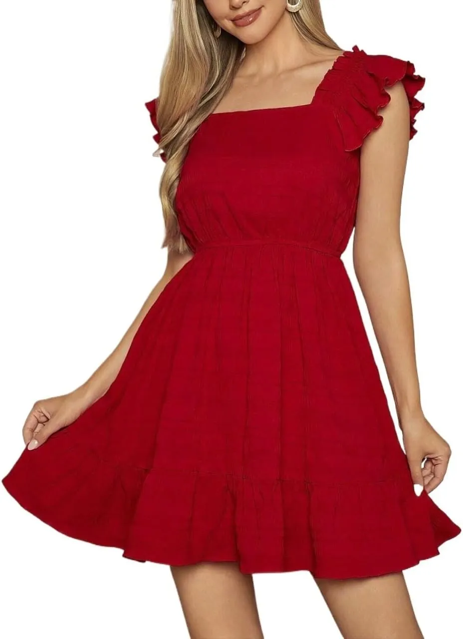 Women's Square Neckline Ruffle Hem Solid Dress, Summer Vocation Backless Fashion Short Dresses for Women