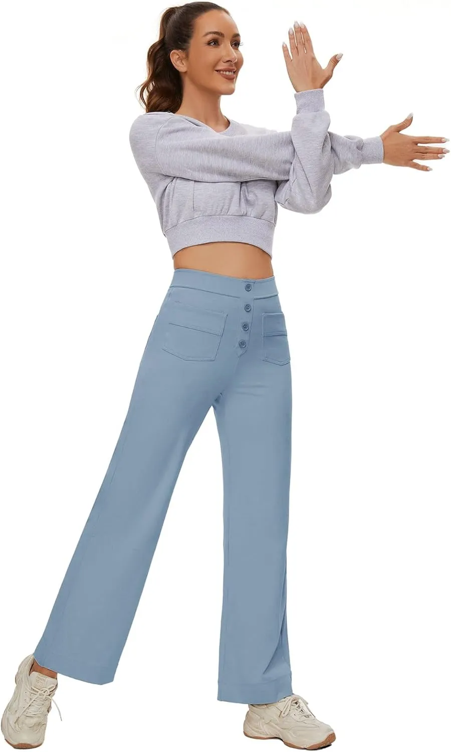 Women's Straight Leg Yoga Pants High Waisted Button Down Trousers Workout Pants with Pockets