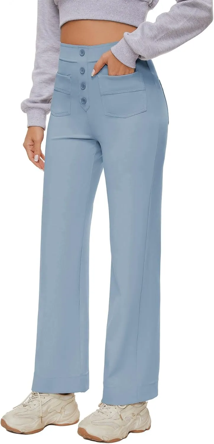 Women's Straight Leg Yoga Pants High Waisted Button Down Trousers Workout Pants with Pockets